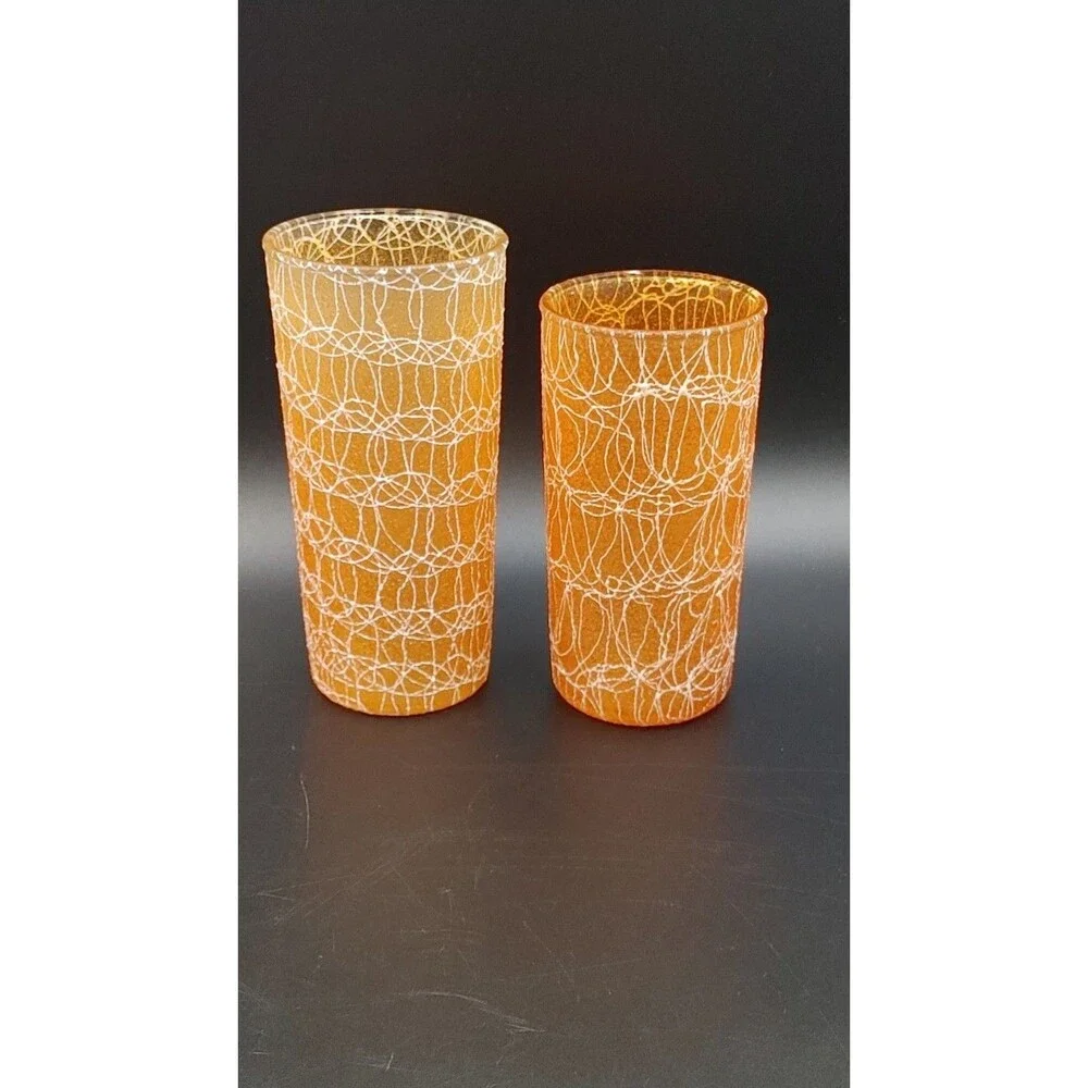 Pair 2 Spaghetti String Glasses Tumblers Rubber MCM VTG 50s 16 oz & 12 oz Orange